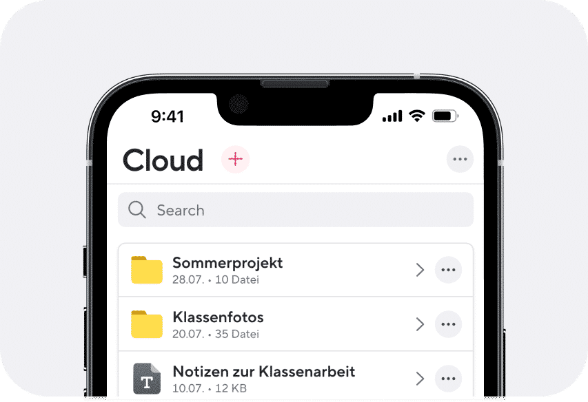 Schul-App Sdui - In diesem abgeschnittenen Bildschirmfoto aus der App erkennt man verschiedene Ordner, die Teil der Schulcloud sind. Man kann Ordner hinzufügen und auf deren Inhalte zugreifen