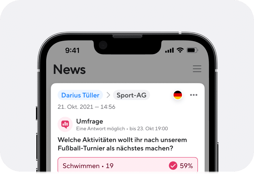 Schul-App Sdui - In diesem abgeschnittenen Bildschirmfoto aus der App sieht man eine Umfrage, die von einer Lehrkraft gepostet wurde. Man kann auch einen Teil der Ergebnisse der Umfrage erkennen.